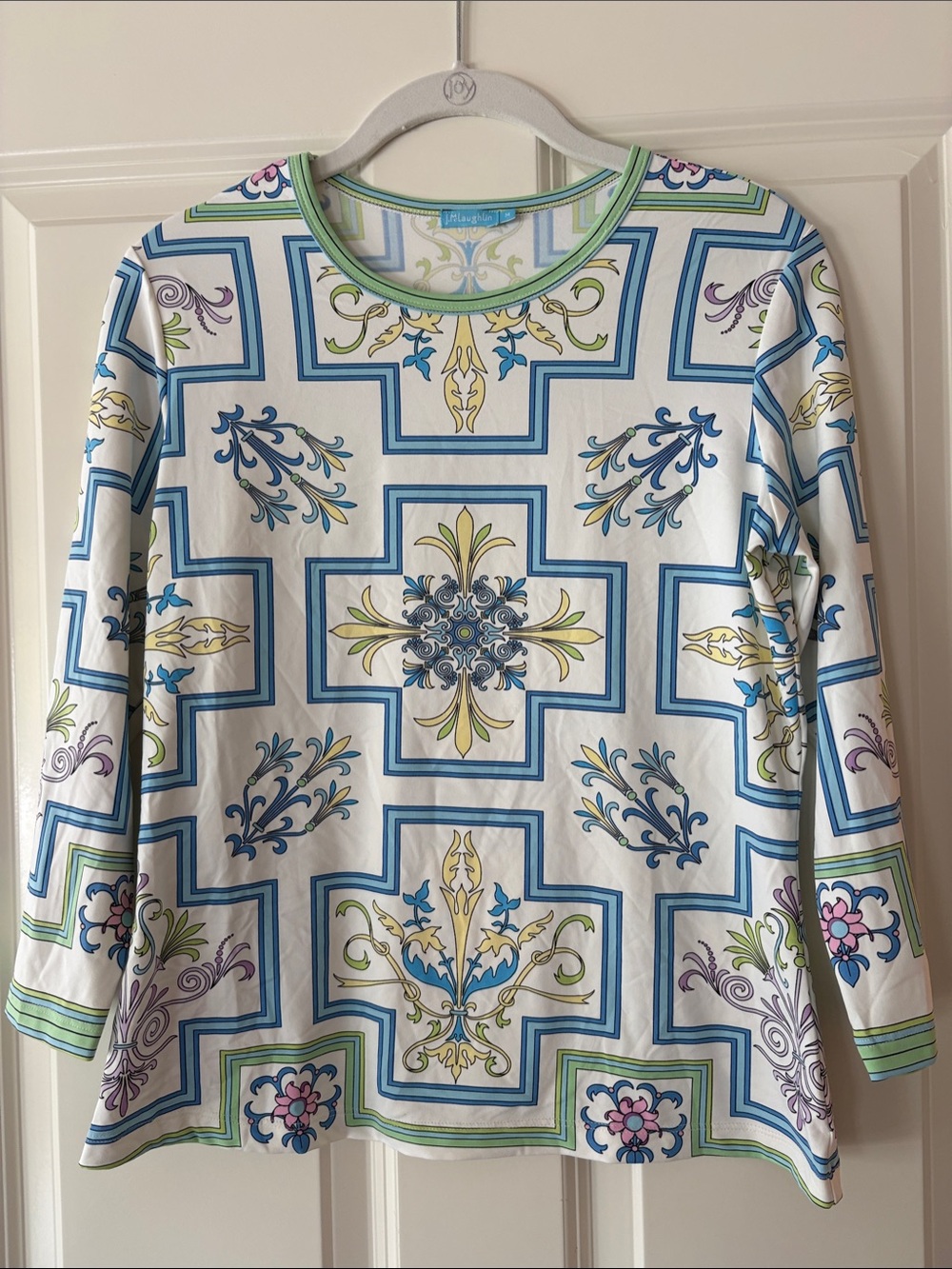 J McLaughlin  White Multi-Color Geometric Floral Long Sleeve Tee
